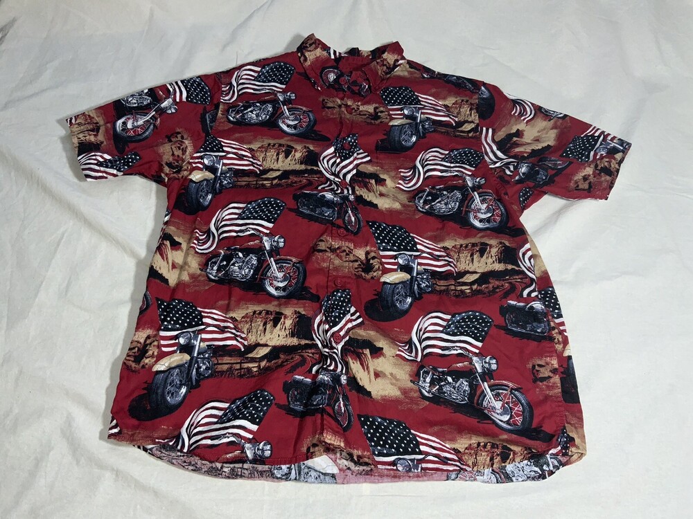 North River Men's Button Down Short Sleeve Interstate American flag motorcycle M